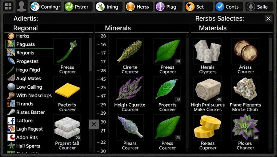 Anise Star Adventure Resource Collection Guide Anise Star Adventure resource collection interface showing various regional herbs, minerals, and materials with their properties